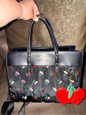 Betsey Johnson Black Cherry-Print Tote with Red Cherry Charm